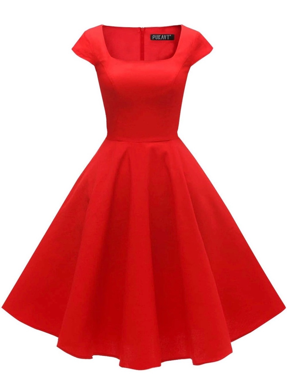 Red Midi Fit-and-Flare Dress with Square Neckline